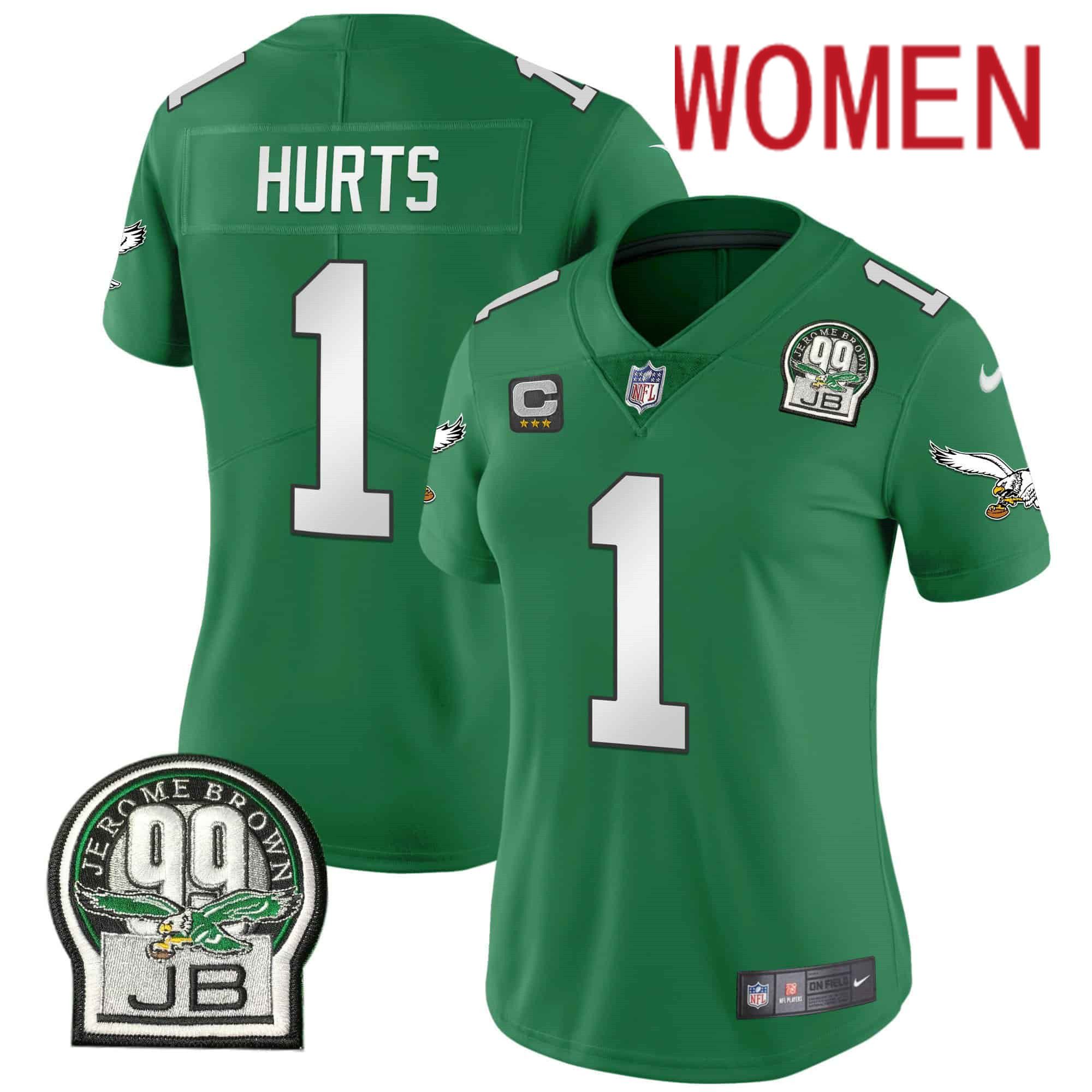 Women Philadelphia Eagles #1 Hurts Green 2024 Nike Jerome Brown Patch Alternate Limited NFL Jersey style 1->women nfl jersey->Women Jersey